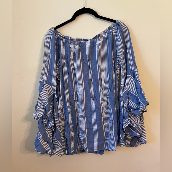 Fever Blue and White Striped Off-Shoulder Blouse - Picture 1 of 3